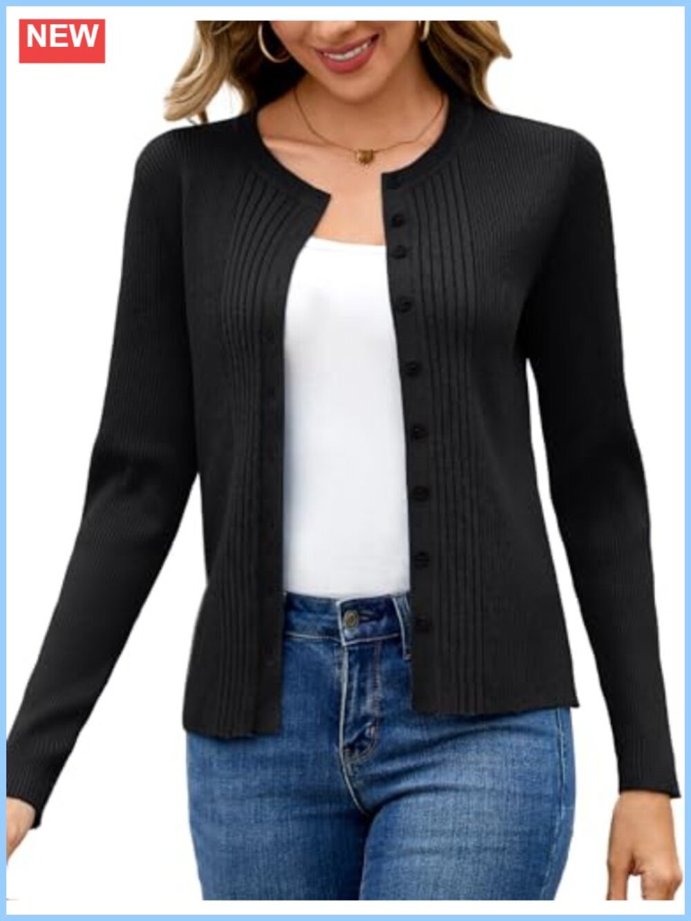Womens Ribbed Knit Long Sleeve Open Front Cardigan Sweater Crew Neck